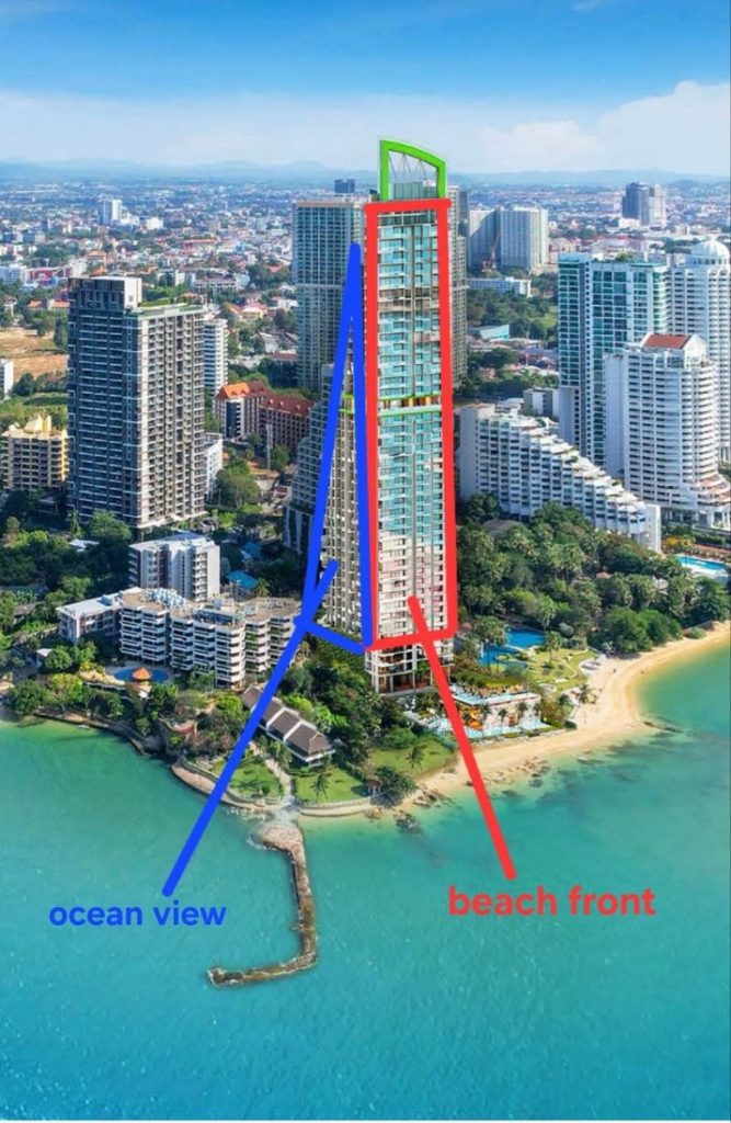 Plan des orientations des appartements de Riviera Palm Beach à Wongamat montrant les vues Beach Front et Ocean View sur la baie de Pattaya.